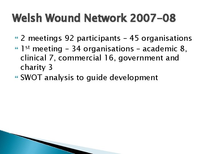 Welsh Wound Network 2007 -08 2 meetings 92 participants – 45 organisations 1 st