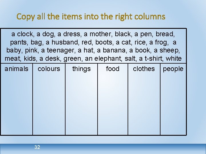 Copy all the items into the right columns a clock, a dog, a dress,