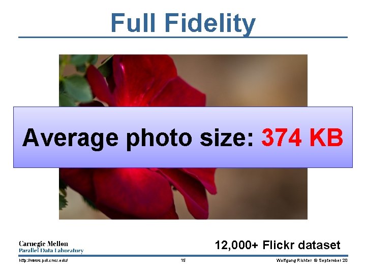 Full Fidelity Average photo size: 374 KB 12, 000+ Flickr dataset http: //www. pdl.