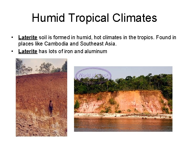 Humid Tropical Climates • Laterite soil is formed in humid, hot climates in the