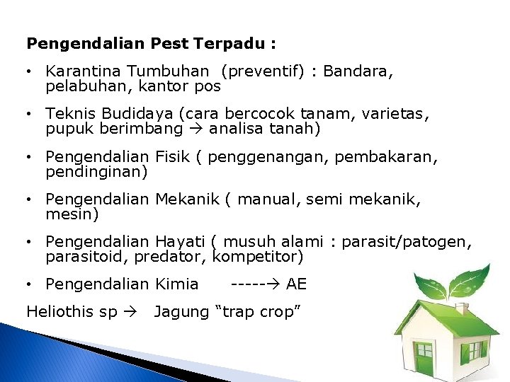 Pengendalian Pest Terpadu : • Karantina Tumbuhan (preventif) : Bandara, pelabuhan, kantor pos •