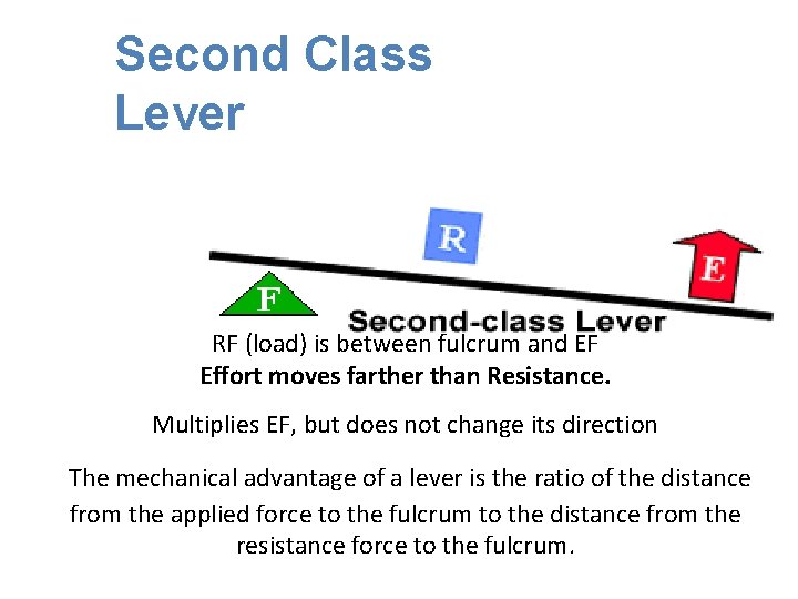 Second Class Lever RF (load) is between fulcrum and EF Effort moves farther than Second Class Lever RF (load) is between fulcrum and EF Effort moves farther than
