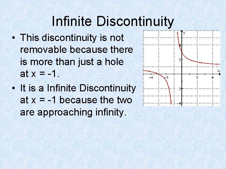 Infinite Discontinuity • This discontinuity is not removable because there is more than just