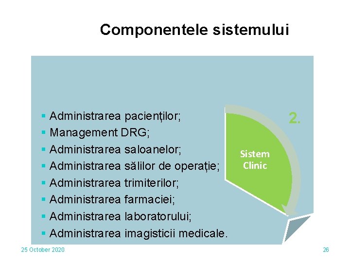 Componentele sistemului § Administrarea pacienților; § Management DRG; § Administrarea saloanelor; Sistem Clinic §