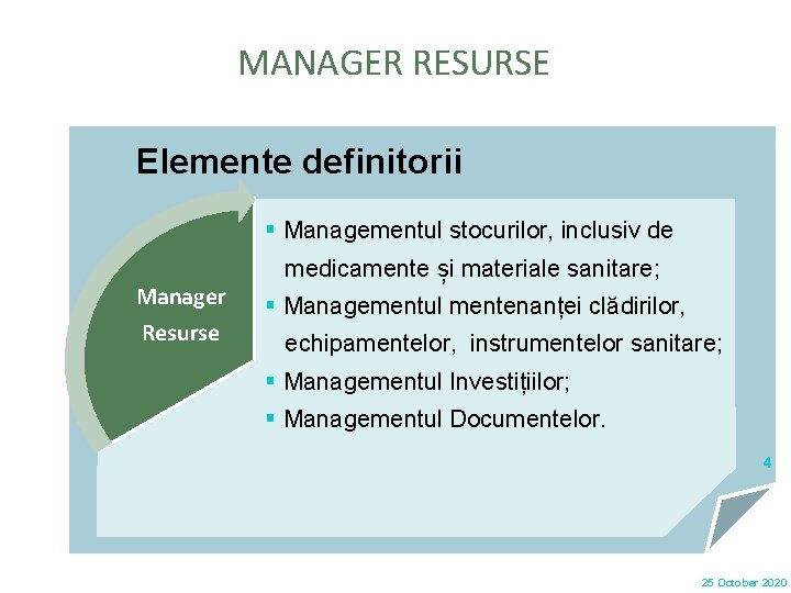 MANAGER RESURSE Elemente definitorii § Managementul stocurilor, inclusiv de Manager Resurse medicamente și materiale