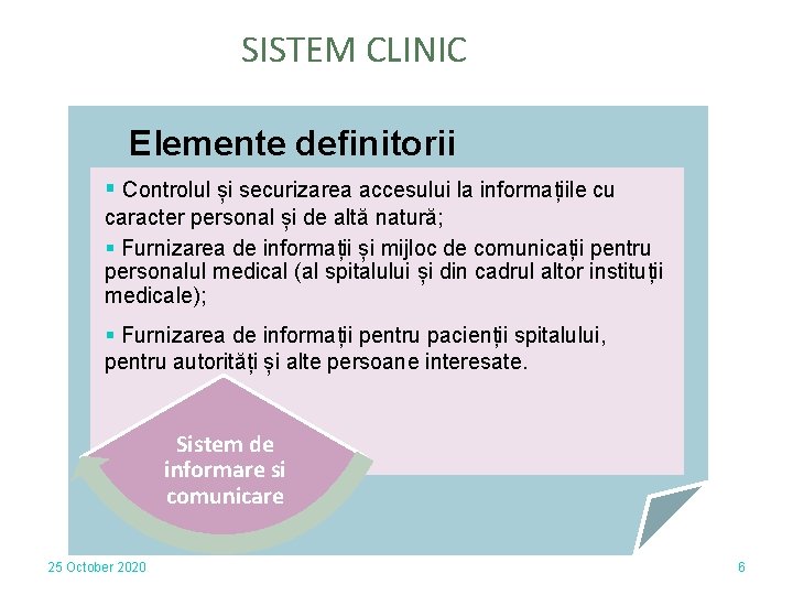 SISTEM CLINIC Elemente definitorii § Controlul și securizarea accesului la informațiile cu caracter personal