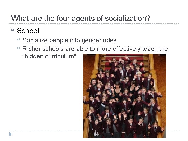 What are the four agents of socialization? School Socialize people into gender roles Richer