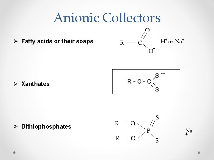 Anionic Collectors O Ø Fatty acids or their soaps R C H+ or Na+