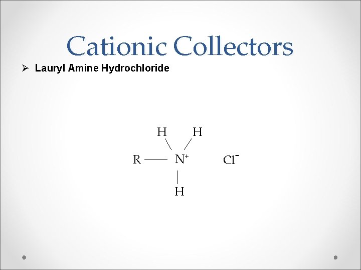 Cationic Collectors Ø Lauryl Amine Hydrochloride H R H N+ H Cl- 