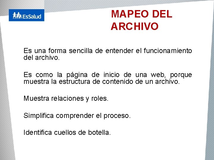 MAPEO DEL ARCHIVO Es una forma sencilla de entender el funcionamiento del archivo. Es