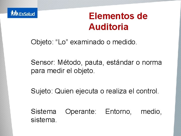 Elementos de Auditoria Objeto: “Lo” examinado o medido. Sensor: Método, pauta, estándar o norma