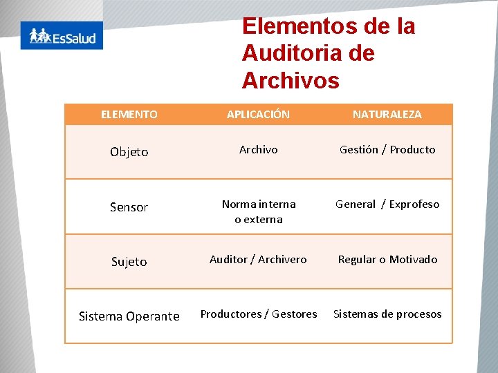 Elementos de la Auditoria de Archivos ELEMENTO APLICACIÓN NATURALEZA Objeto Archivo Gestión / Producto