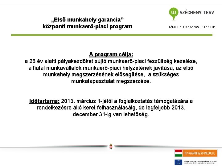 „Első munkahely garancia” központi munkaerő-piaci program TÁMOP 1. 1. 4 -11/1/KMR-2011 -001 A program