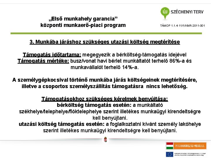 „Első munkahely garancia” központi munkaerő-piaci program TÁMOP 1. 1. 4 -11/1/KMR-2011 -001 3. Munkába