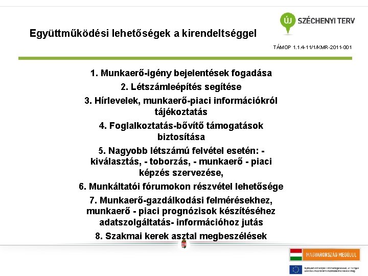 Együttműködési lehetőségek a kirendeltséggel TÁMOP 1. 1. 4 -11/1/KMR-2011 -001 1. Munkaerő-igény bejelentések fogadása