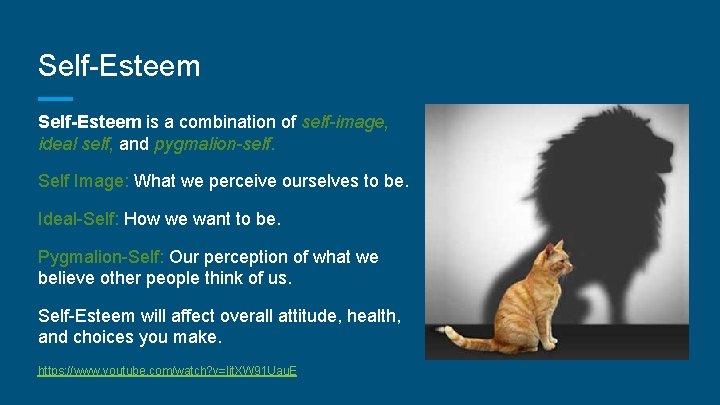 Self-Esteem is a combination of self-image, ideal self, and pygmalion-self. Self Image: What we
