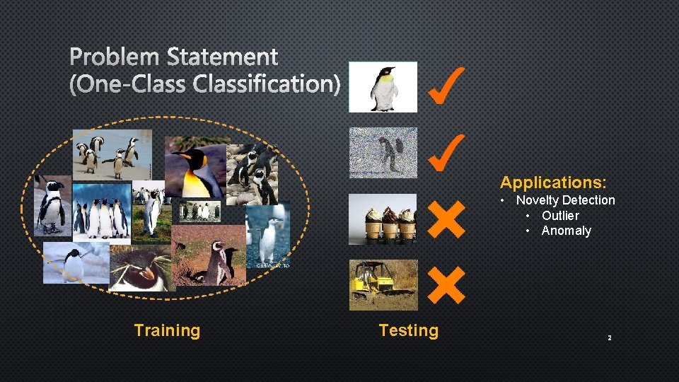 Problem Statement (One-Classification) Applications: • Novelty Detection • Outlier • Anomaly Training Testing 2