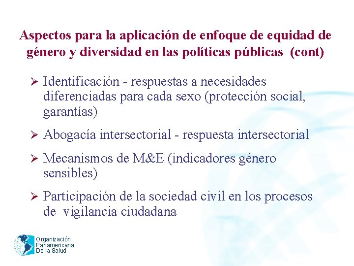 Aspectos para la aplicación de enfoque de equidad de género y diversidad en las