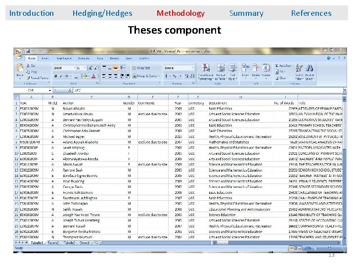 Introduction Hedging/Hedges Methodology Summary References Theses component 13 