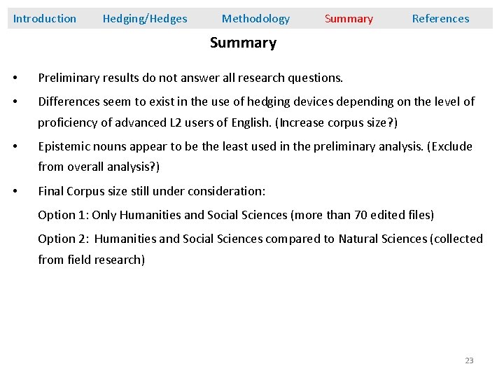 Introduction Hedging/Hedges Methodology Summary References Summary • Preliminary results do not answer all research