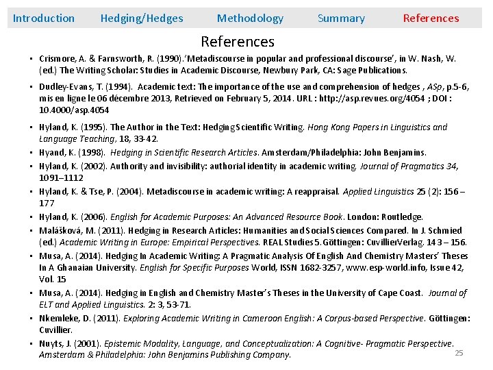 Introduction Hedging/Hedges Methodology Summary References • Crismore, A. & Farnsworth, R. (1990). ‘Metadiscourse in