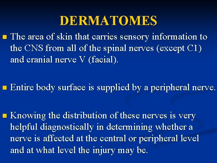 DERMATOMES n The area of skin that carries sensory information to the CNS from