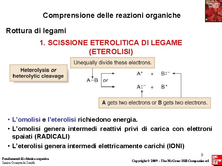 Comprensione delle reazioni organiche Rottura di legami 1. SCISSIONE ETEROLITICA DI LEGAME (ETEROLISI) •