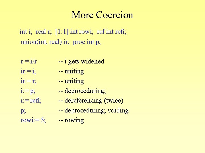 More Coercion int i; real r; [1: 1] int rowi; ref int refi; union(int,