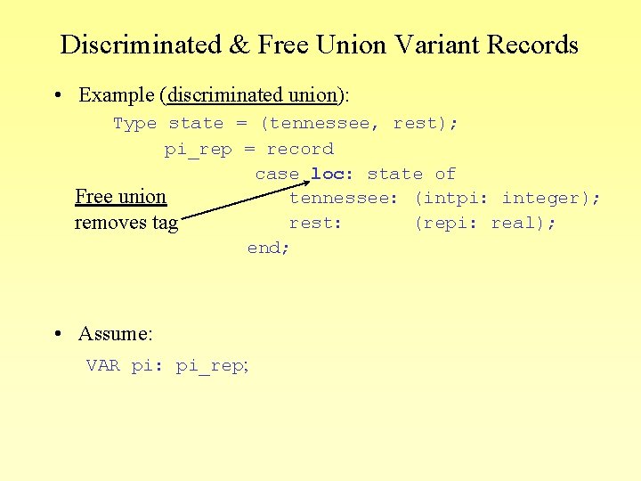 Discriminated & Free Union Variant Records • Example (discriminated union): Type state = (tennessee,