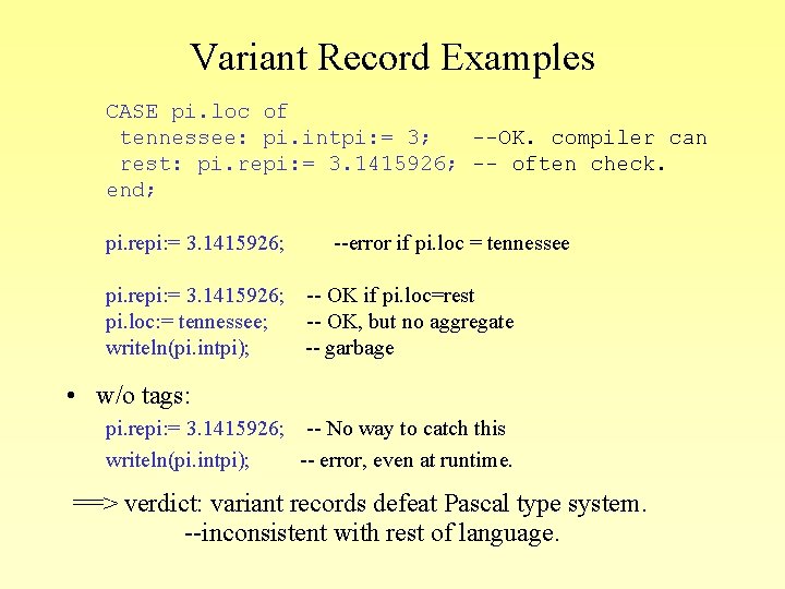 Variant Record Examples CASE pi. loc of tennessee: pi. intpi: = 3; --OK. compiler