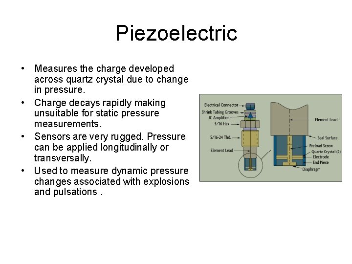 Piezoelectric • Measures the charge developed across quartz crystal due to change in pressure.