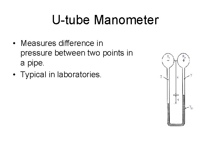 U-tube Manometer • Measures difference in pressure between two points in a pipe. •