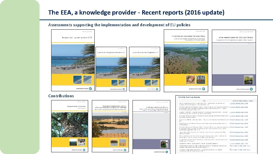 The EEA, a knowledge provider - Recent reports (2016 update) Assessments supporting the implementation