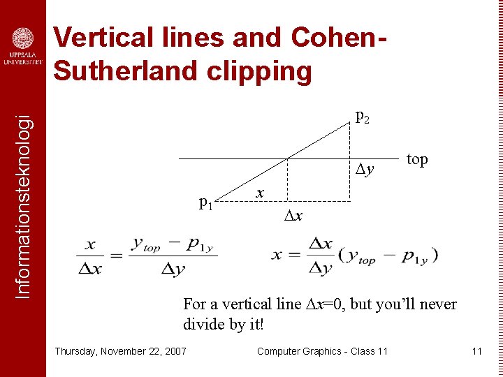 Informationsteknologi Vertical lines and Cohen. Sutherland clipping p 2 y p 1 top x