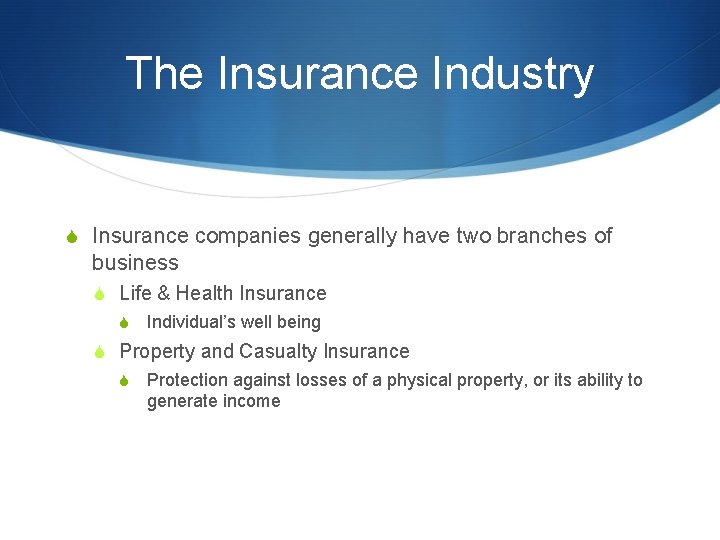 The Insurance Industry S Insurance companies generally have two branches of business S Life