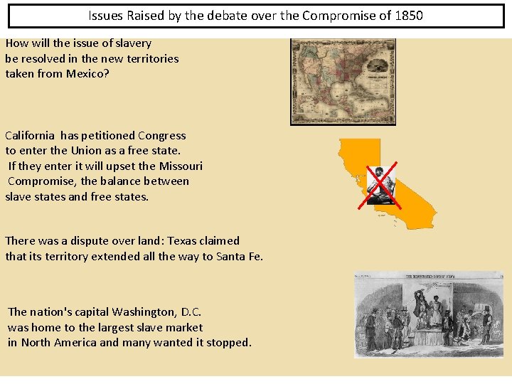 Issues Raised by the debate over the Compromise of 1850 How will the issue