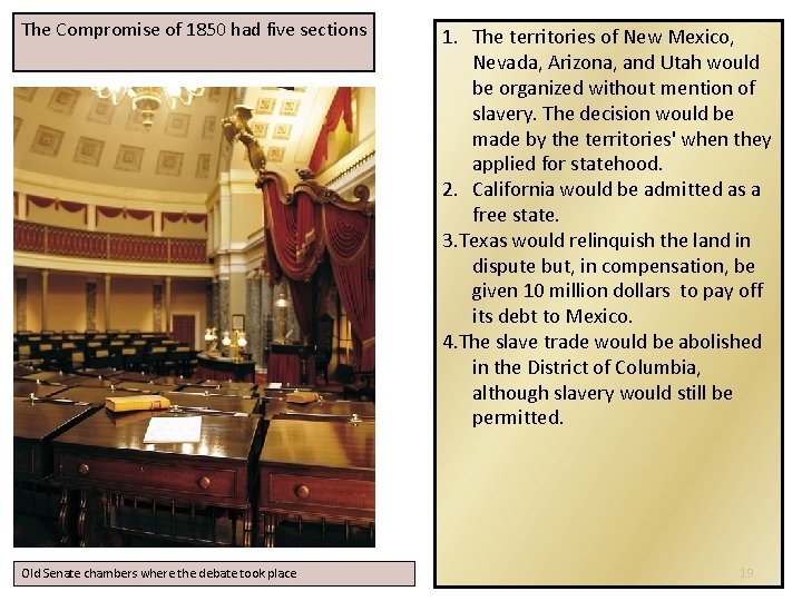 The Compromise of 1850 had five sections Old Senate chambers where the debate took