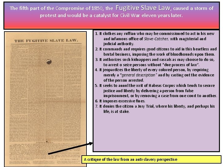 The fifth part of the Compromise of 1850, the Fugitive Slave Law, caused a