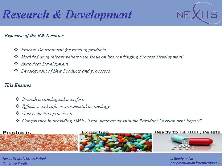 Research & Development Expertise of the R& D center v Process Development for existing