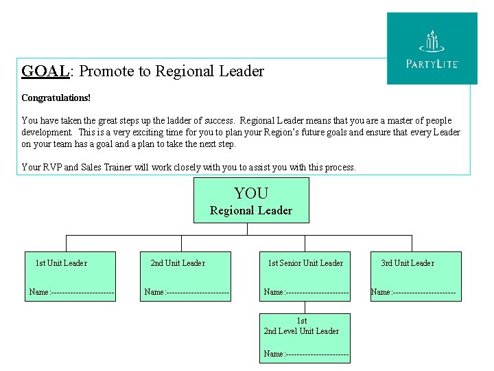 GOAL: Promote to Regional Leader Congratulations! You have taken the great steps up the