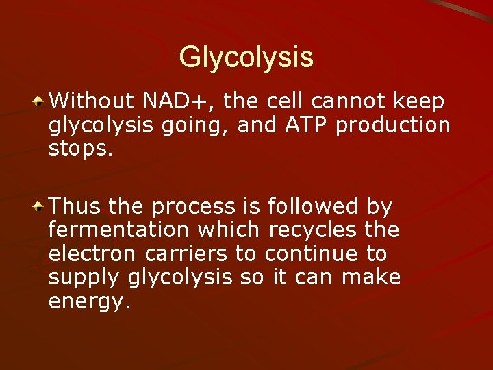 Glycolysis Without NAD+, the cell cannot keep glycolysis going, and ATP production stops. Thus