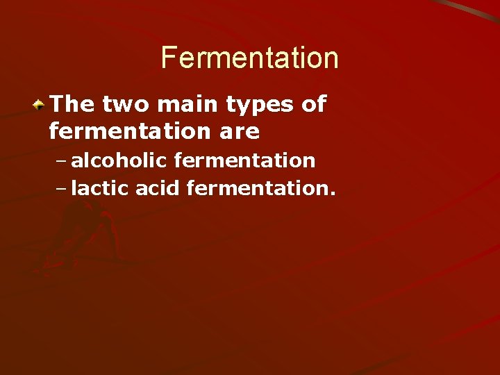 Fermentation The two main types of fermentation are – alcoholic fermentation – lactic acid