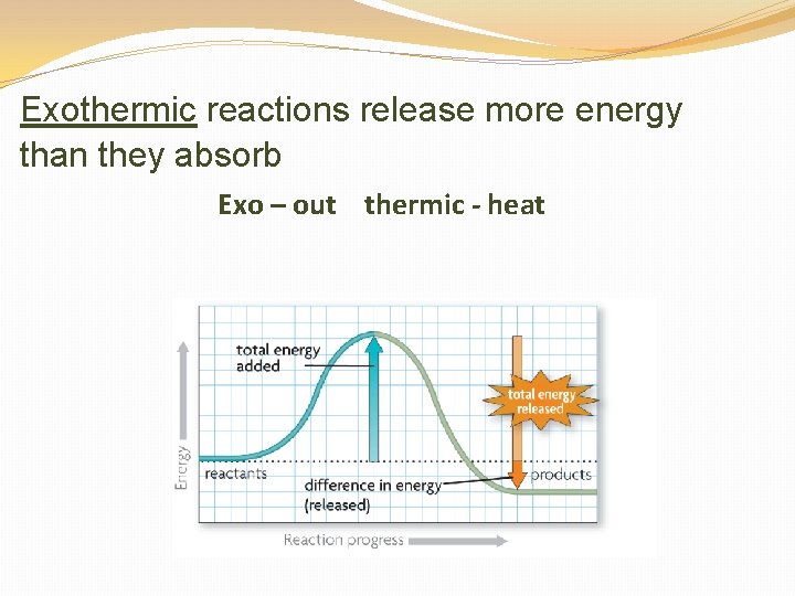 Exothermic reactions release more energy than they absorb Exo – out thermic - heat