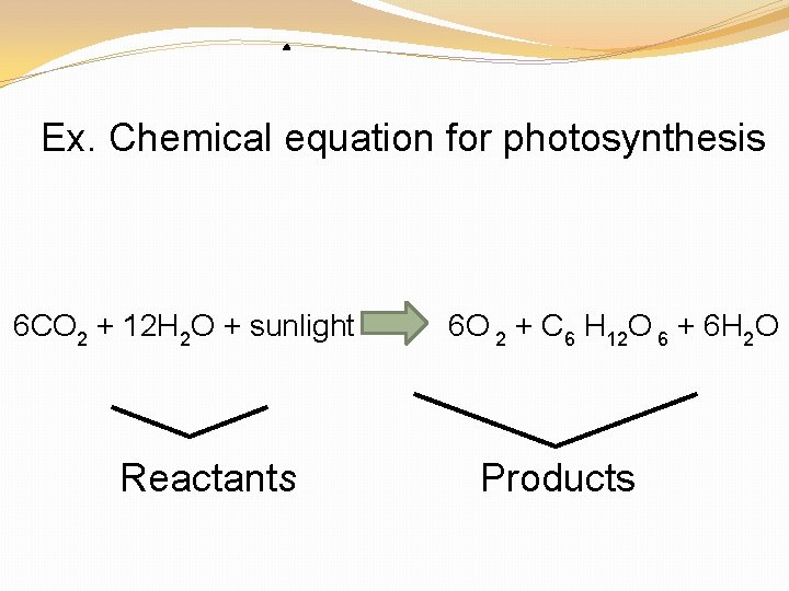  Ex. Chemical equation for photosynthesis 6 CO 2 + 12 H 2 O
