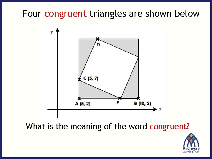 Four congruent triangles are shown below What is the meaning of the word congruent?