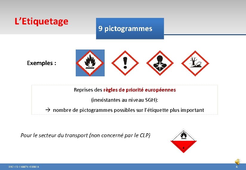 L’Etiquetage 9 pictogrammes Exemples : Reprises des règles de priorité européennes (inexistantes au niveau