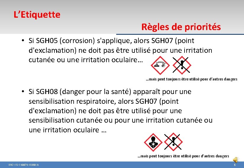 L’Etiquette Règles de priorités • Si SGH 05 (corrosion) s'applique, alors SGH 07 (point