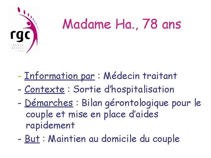 Madame Ha. , 78 ans - Information par : Médecin traitant - Contexte :