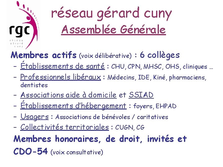 réseau gérard cuny Assemblée Générale Membres actifs (voix délibérative) : 6 collèges – Établissements