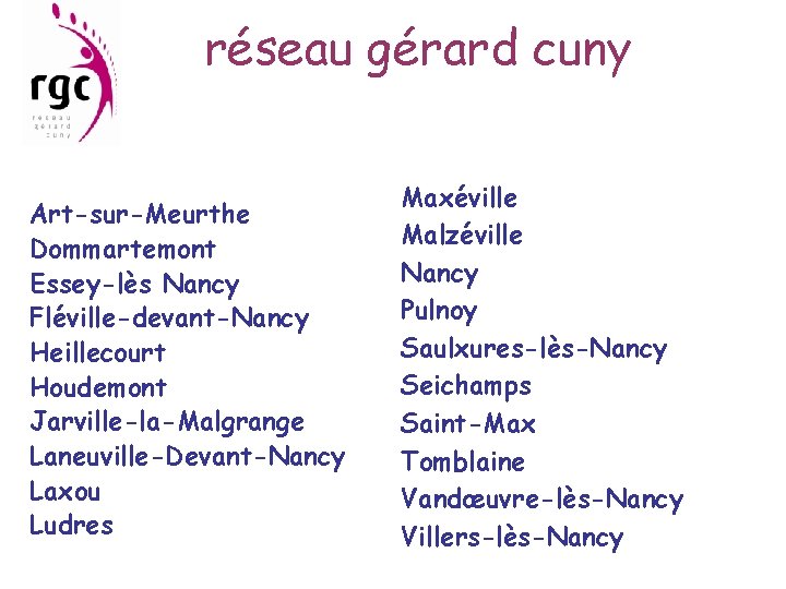 réseau gérard cuny Art-sur-Meurthe Dommartemont Essey-lès Nancy Fléville-devant-Nancy Heillecourt Houdemont Jarville-la-Malgrange Laneuville-Devant-Nancy Laxou Ludres